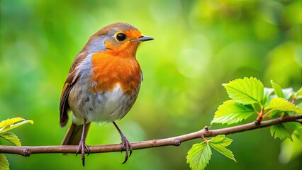 Fototapeta premium Robin perched on a tree branch with a blurred background of green leaves, perfect for wallpapers or backgrounds, Robin, bird