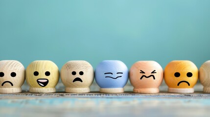 Wooden Emoji Heads In A Row On A Tabletop