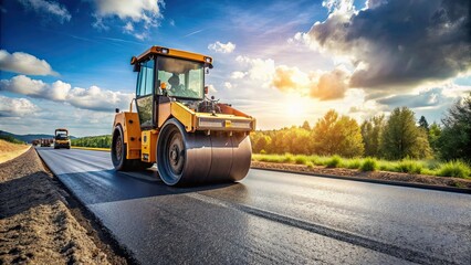 Road construction equipment compacting freshly laid asphalt into a smooth surface , paver, road construction