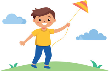 Cheerful boy flying a colorful kite in a sunny park. Kids outdoor activities on a bright beautiful day