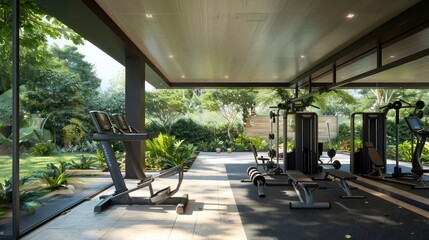 Suburban contemporary home with a covered outdoor gym area featuring modern equipment and views of the garden