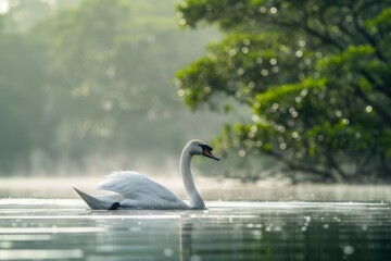 Fototapeta premium Full body view of Whistling Swan swimming in lake natural habitat, full body shot, full body View