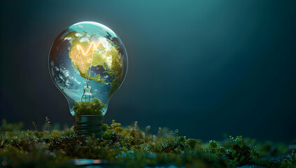 Obraz premium A glowing light bulb with an image of Earth inside, symbolizing global sustainability and renewable energy, resting on a bed of green moss.