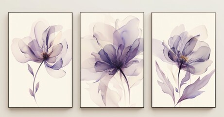 Abstract flower and leaf wall art set of three in black frames, with purple and gray on a white background 