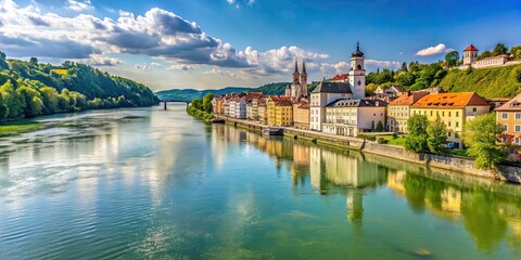 Fototapeta premium Scenic view of the confluence of three rivers in Passau, Germany, Passau, Drei Fl?sse Eck, confluence, river, Bavaria