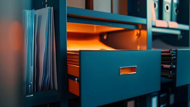 Close-up photo of an open file cabinet drawer filled with folders, showcasing office organization and document storage solutions.