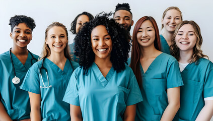Diverse group of smiling healthcare professionals in scrubs, standing together, representing teamwork and medical support in a hospital setting.