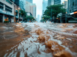 Obraz premium Dramatic View of a City Street Flooded by a Storm, Submerged Street After Heavy Rainfall, Urban Flooding in City Streets, The Aftermath of a Severe Storm, Waterlogged Streets, Flooding in Urban