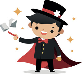 Cute cartoon magician performing magic trick with wand and top hat