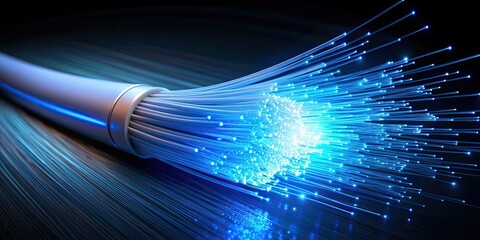 Blue fiber optic cable with glowing end light, fiber optic, cable, blue, technology, data, communication, connection