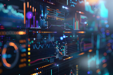 Obraz premium Futuristic digital interface with data charts and graphs, representing technology, analytics, and advanced data visualization.