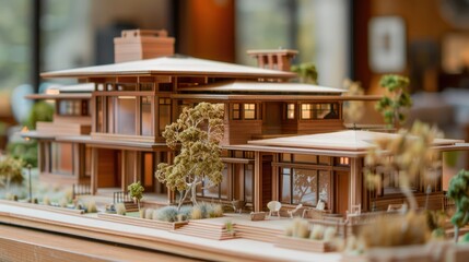 architectural model of a suburban Craftsman house, featuring detailed woodwork and a harmonious natural palette