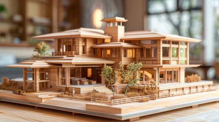 architectural model of a suburban Craftsman house, featuring detailed woodwork and a harmonious natural palette