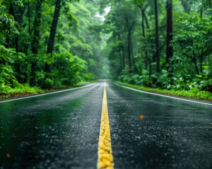 Fototapeta premium Solitary Road Cutting Through Lush Rainforest in Tropical Storm, Winding Asphalt Pathway Amidst Dense Foliage, Rainy Weather and Wild Nature