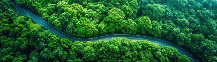 Road Reclaimed by Nature A Stunning Aerial View of Foliage Overtaking a Winding Path After Disaster, Witness the Resilience of Nature and the Beauty of a Post-Apocalyptic Landscape