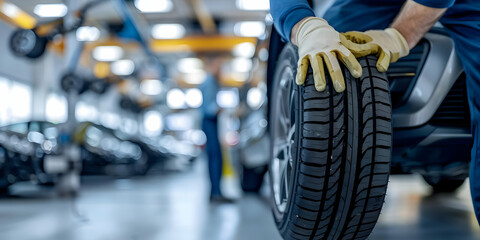 Fototapeta premium Mechanic changing a car tire in an auto repair shop. Close-up view of hands and tire, blurred background with workshop environment.