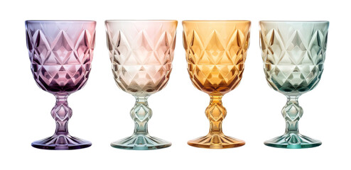 4 beautiful pastel colored glass goblets isolated on transparent background. Png