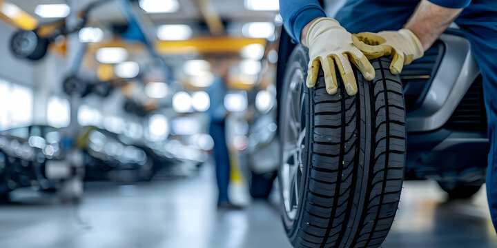 Mechanic changing a car tire in an auto repair shop. Close-up view of hands and tire, blurred background with workshop environment.