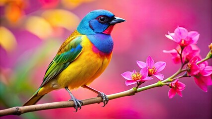 Fototapeta premium Brightly colored bird with gold feet perched on a vibrant pink branch, bird, colorful, gold, feet, perched, branch, vibrant