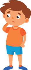 Fototapeta premium Sad boy standing with one hand on his cheek, wearing an orange shirt and blue shorts