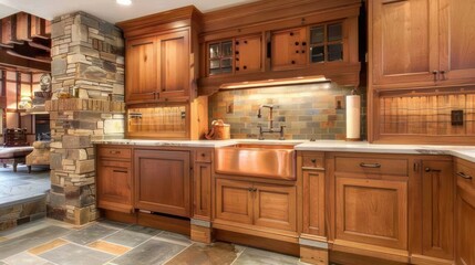 elegant Craftsman kitchen with custom wooden cabinets and a copper sink, surrounded by stone tiles