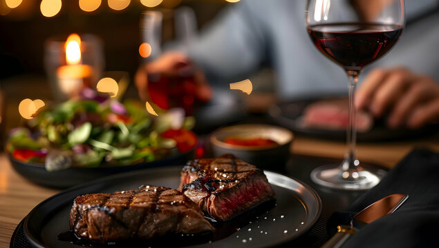 Romantic dinner setting with grilled steak, salad, and red wine on a stylish table, perfect for special occasions or intimate meals.