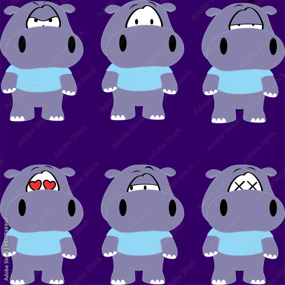 Wall mural chibi hippo cute character cartoon expressions pack collection in vector format