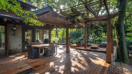 Fototapeta premium intimate Craftsman-style patio with wooden decking and a handcrafted pergola, surrounded by mature trees