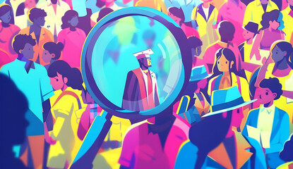 Vibrant illustration of a diverse crowd with a magnifying glass focus on a man in a suit. Concept of individuality and identity.