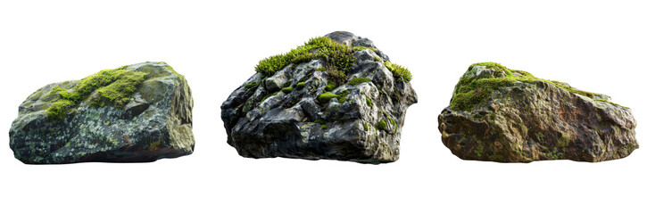 A large moss-covered rock isolated on transparent background, png.