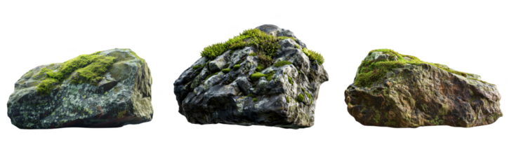 A large moss-covered rock isolated on transparent background, png.
