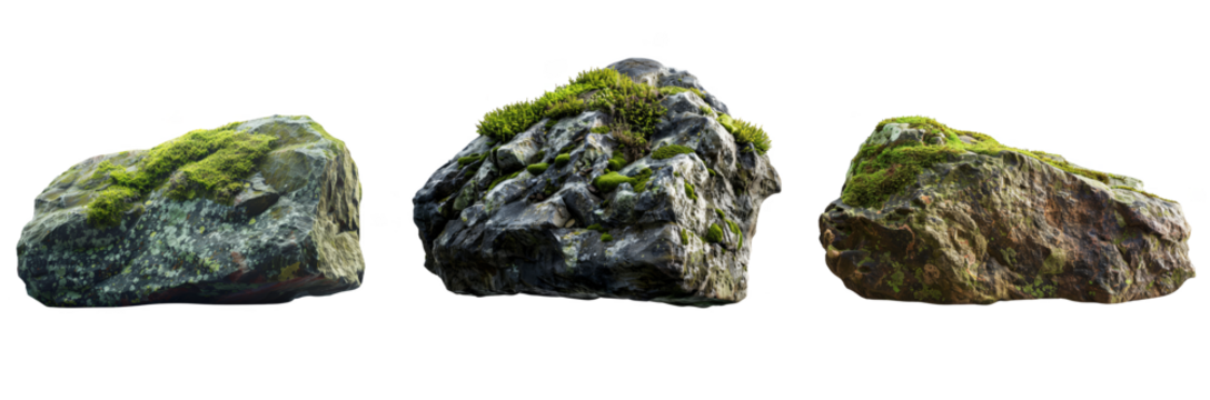 A large moss-covered rock isolated on transparent background, png.