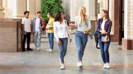 Obraz premium University life. Girls walking after classes and chatting during break outdoors