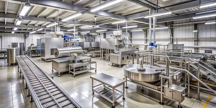 Interior of a modern food processing plant with stainless steel machinery and conveyor belts, food processing