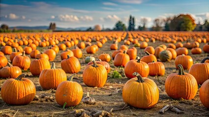 Orange pumpkins scattered across a vast field, harvest, autumn, farm, agriculture, seasonal, crops, rural, landscape