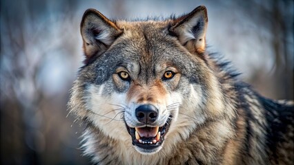 Naklejka premium Large wolf snarling at the camera, wolf, aggressive, predator, wildlife, nature, wilderness, animal, wild, dangerous, fangs