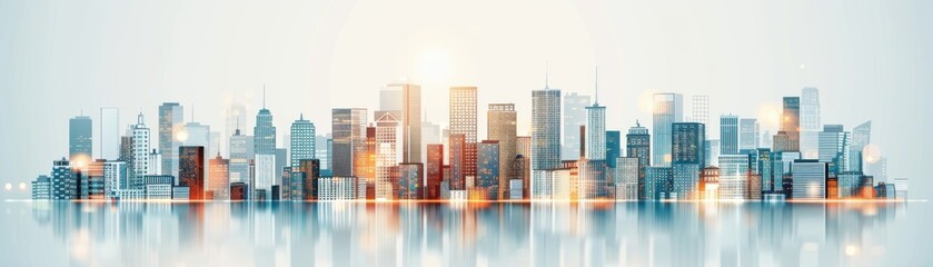 Fototapeta premium Modern city skyline with reflective water and soft lighting, capturing urban architecture and high-rise buildings at dawn.