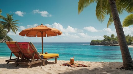 Idyllic tropical beach with loungers, orange umbrella, and palm trees overlooking clear blue waters under a sunny sky.
