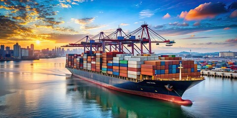 Naklejka premium Container ship carrying cargo in a busy port, container ship, cargo, transportation, logistics, shipping, harbor, vessel, dock