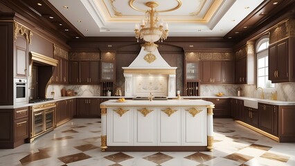Royal luxury kitchen interior design, brown and white color interior design, luxurious kitchen design of a king palace, home interior decor, photo realistic backgroun 