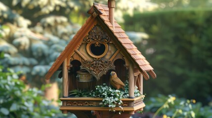 Craftsman-style birdhouse with intricate wooden details, serving as a functional decoration in a garden