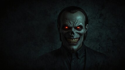 A sinister figure with a skull-like face and glowing red eyes grins menacingly in a dark, eerie setting.
