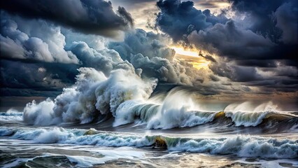 Fototapeta premium Dramatic sea storm with crashing waves and dark clouds , stormy, ocean, waves, water, dramatic, weather, powerful, nature