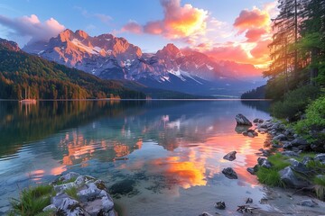 German Alps Sunrise Over Eibsee Lake and Zugspitze