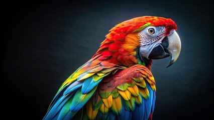 Fototapeta premium Vibrant parrot showcasing colorful feathers on a dark background, parrot, colorful, feathers, bird, bright