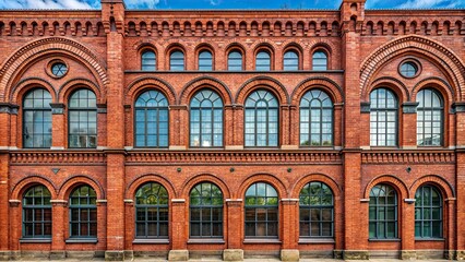 Fototapeta premium Red brick building with arched windows and intricate details, architecture, historic, facade, exterior, urban