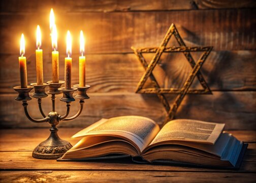 Ancient sacred texts of Judaism opened to a illuminated page, soft candlelight casting a warm glow, symbolizing Jewish tradition and faith in a serene setting.