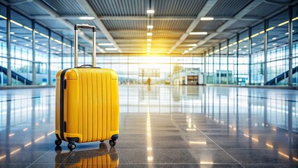 Fototapeta premium Yellow suitcase on airport floor, travel, luggage, vacation, journey, transportation, airport, waiting, baggage claim
