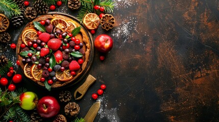 Fototapeta premium Christmas Fruit Cake on Festive Dinner Table. copy space
