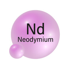 Neodymium element icon. Pink spherical symbol. Vector chemical illustration. Nd atomic structure.